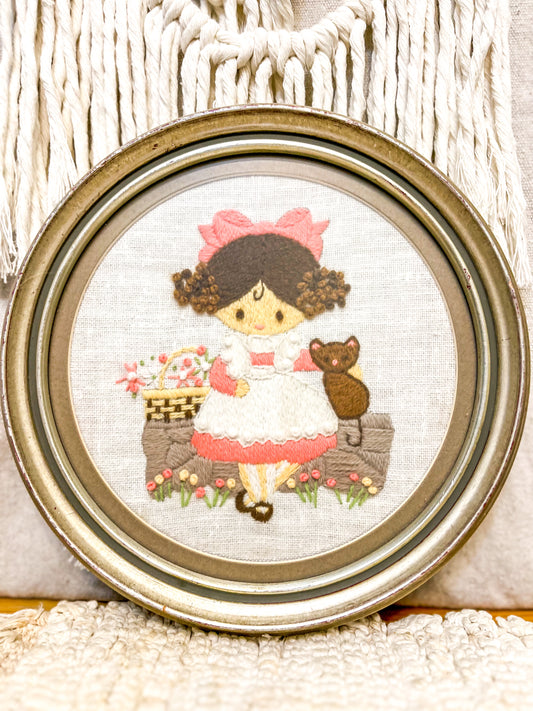 Framed Girl and Kitten Embroidery