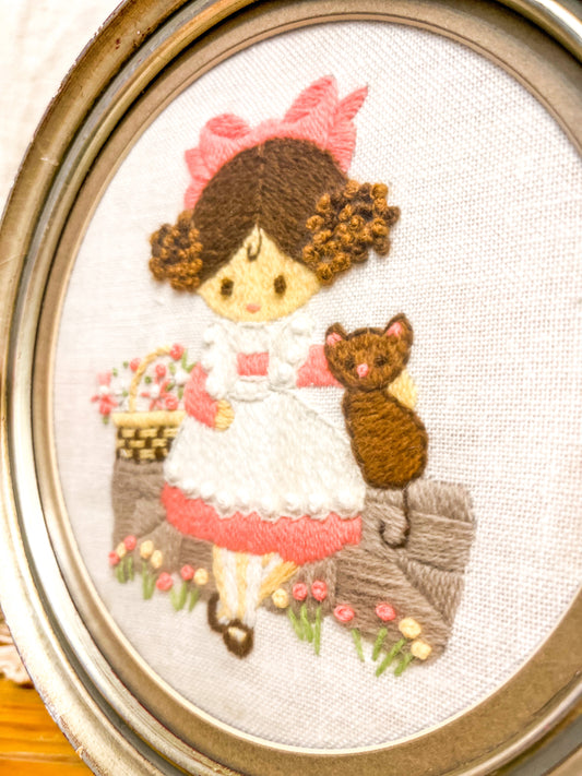 Framed Girl and Kitten Embroidery